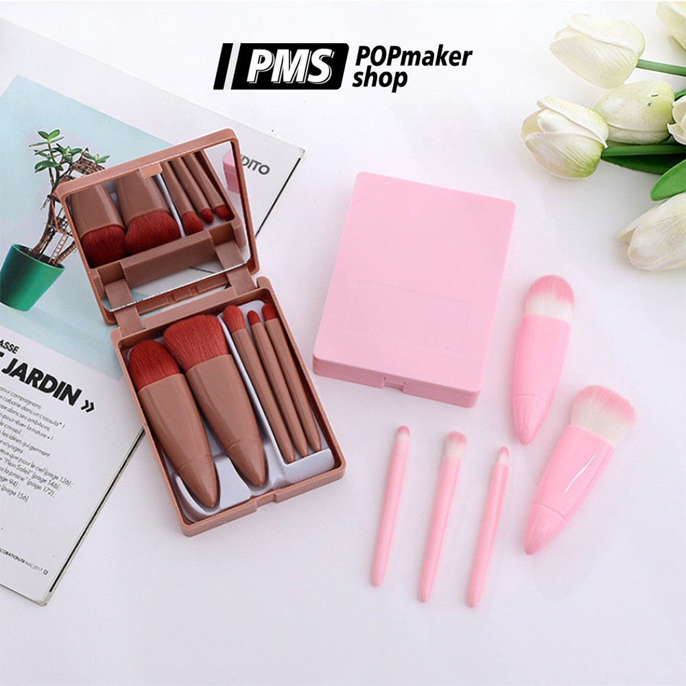 POPmaker shop Make Up Brush H457 - Set Kuas Makeup Portable Lengkap dengan Cermin, Kuas Foundation, 