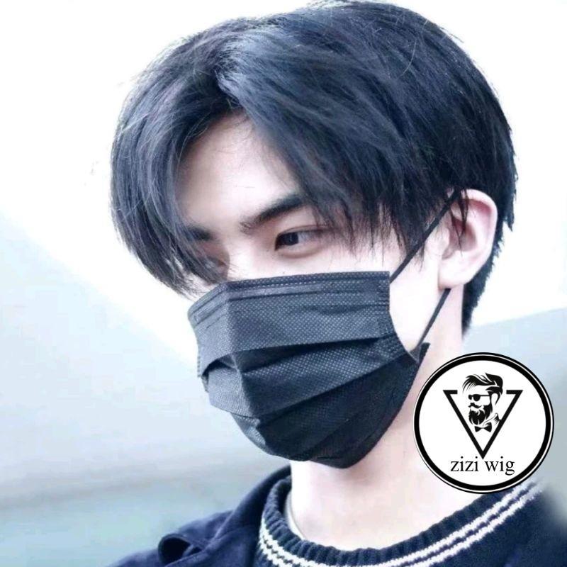 WIG PRIA KOREA RAMBUT PENDEK BELAHAN TENGAH WARNA HITAM ALAMI RAMBUT PALSU PRIA BELAHAN TENGAH