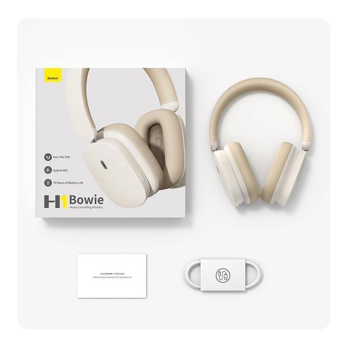 Baseus ginal Bowie H1 Headphone Wireless Bluetooth 5.2 ANC Active Noise Cancelling Head Phone  - Whi