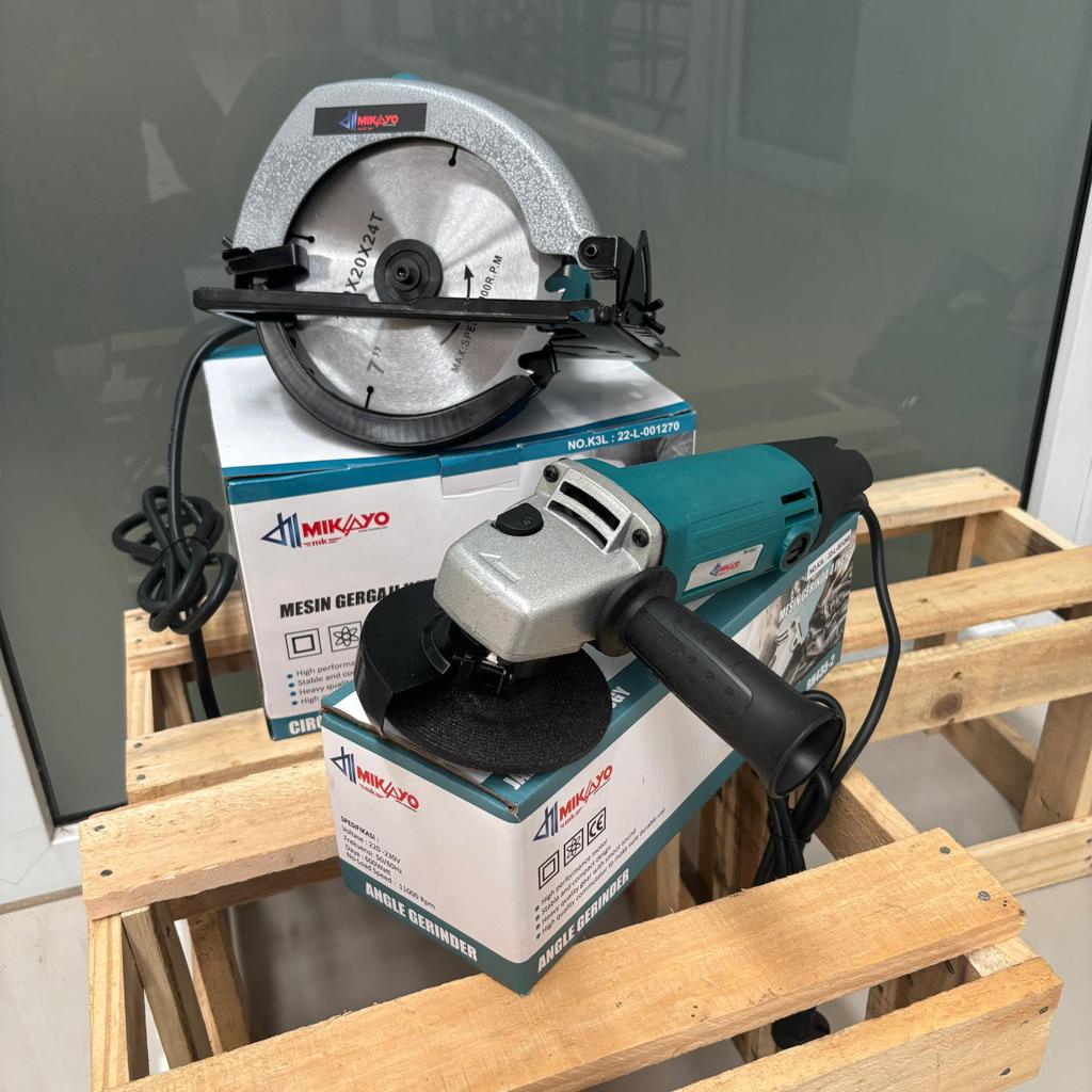PAKET 2Pcs Alat Tukang Kayu | Mesin Circular Saw 7 inch + Mesin Gerinda 4inch Tangan [ Garansi Seumu