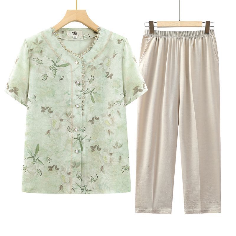 Baju Nenek Kaos Lengan Pendek Musim Panas Pakaian Lansia Wanita Warna Cerah