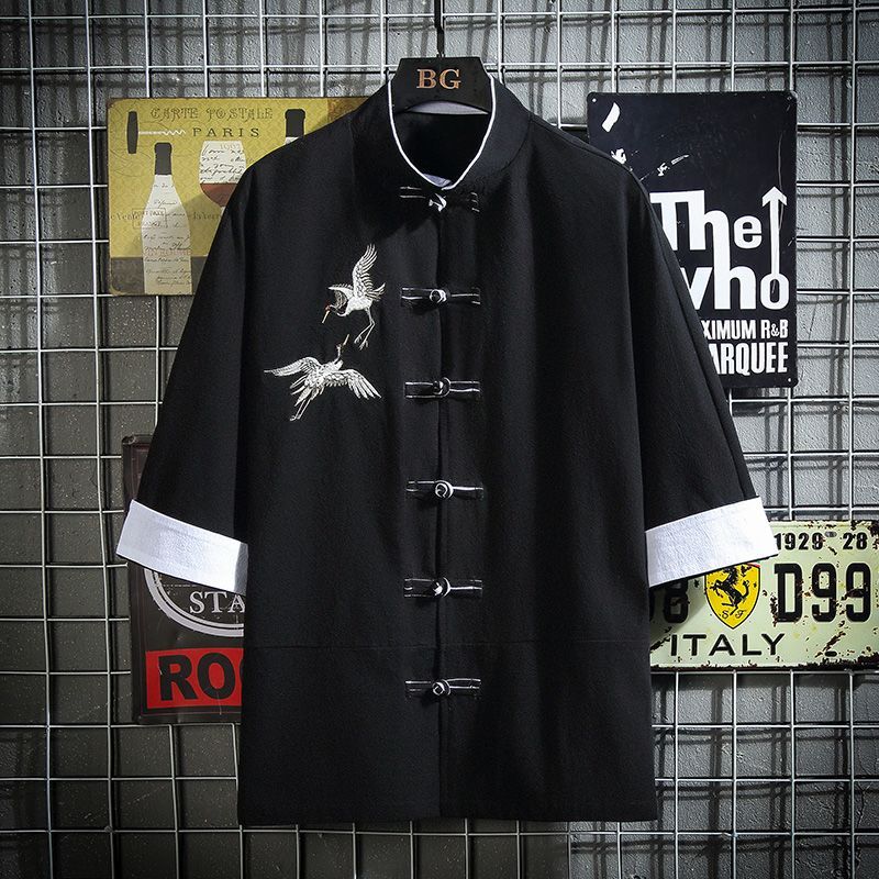 Kemeja gaya Cina lengan tujuh perempat pria - atasan kemeja bordir Cina