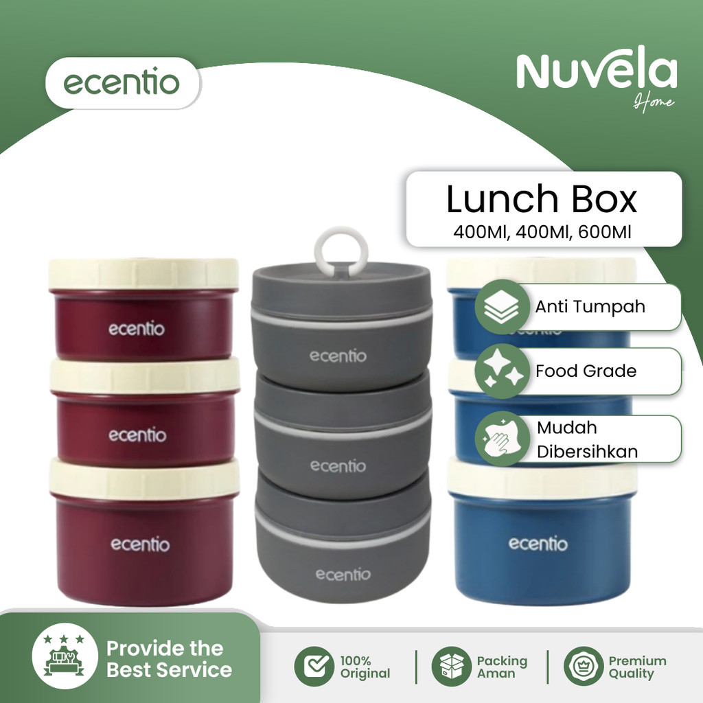 Ecentio Lunch Box Set 3pcs Round Stainless Rantang Susun Lunch Box Mangkok Sup Multifungsi
