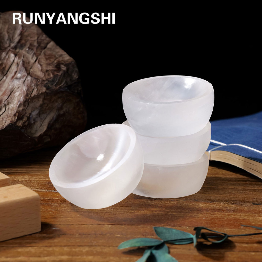 1pc Natural Stone Sculpture White Selenite Bowl Shape Crafts Witchcraft Crystal Carving Energy Gem S