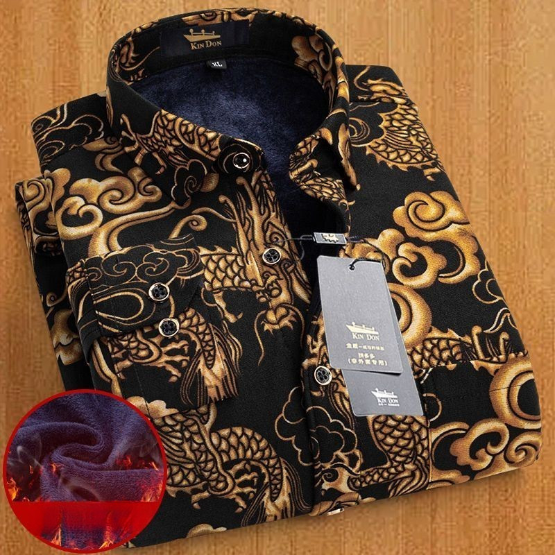 Kaos/Kemeja/Pria/Naga/Shirt for Middle-Aged and Elderly Men plus-Sized Casual Dragon Pattern