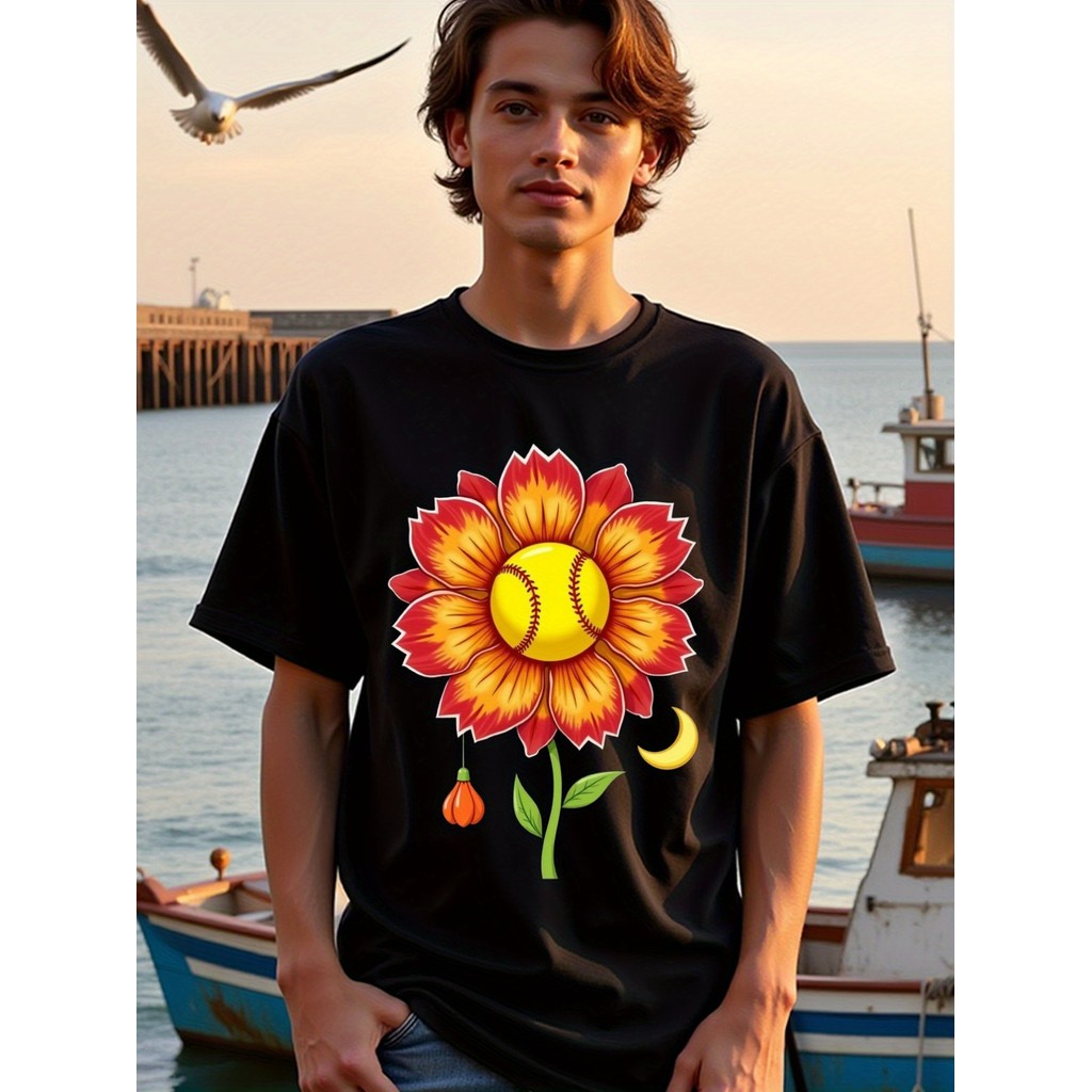 Kaos Baseball Bunga Matahari Pria Retro - Hadiah Pecinta Baseball, Atasan Lengan Panjang Olahraga