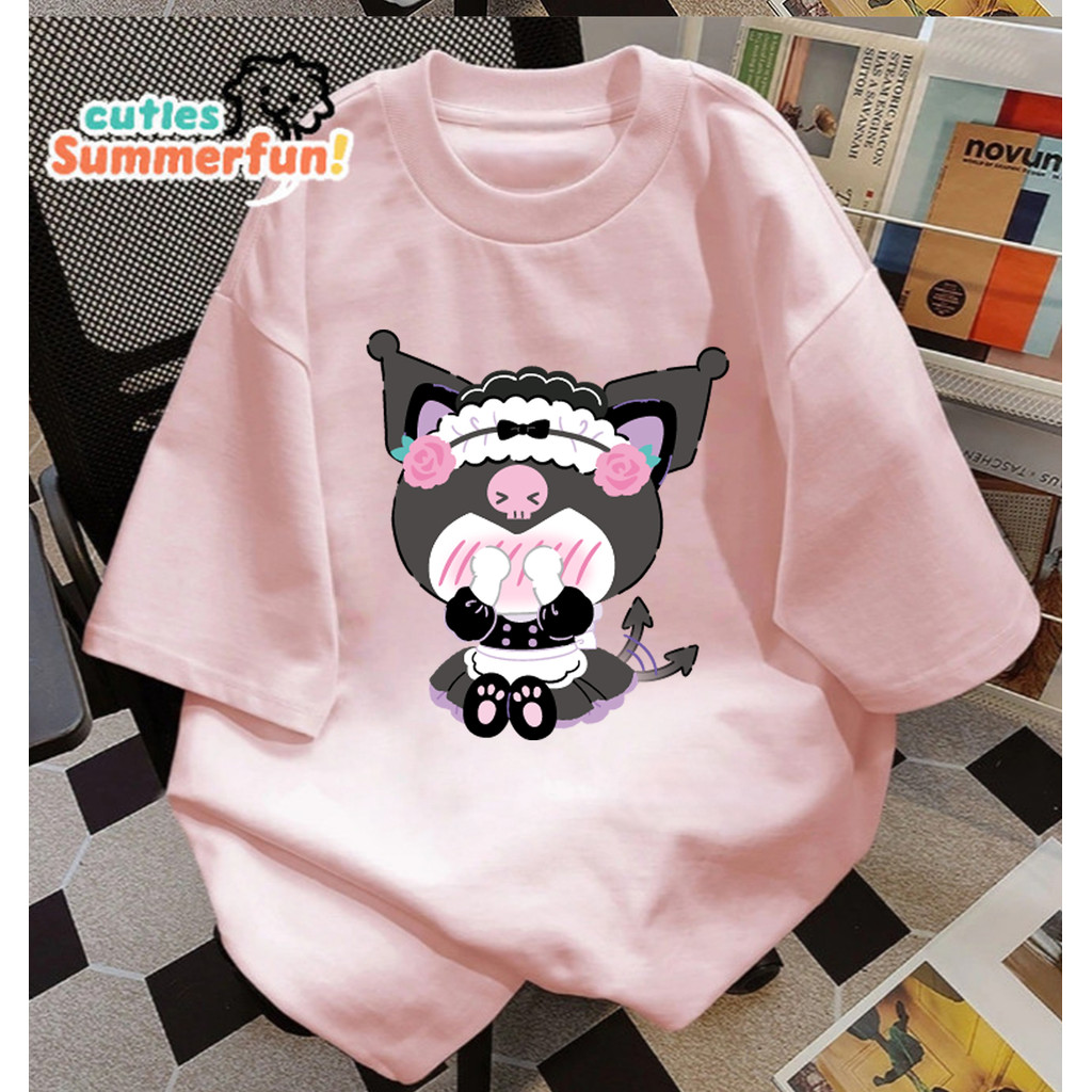 Kaos Oversize Kuromi Maid Malu / T-shirt Wanita Warna Pink Motif Kartun Aesthetic Viral |Kaos Pink O