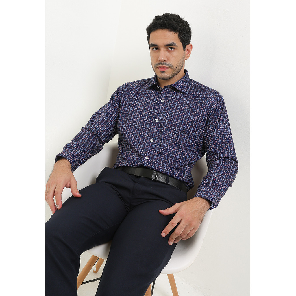 Kemeja Lengan Panjang Guy Laroche Printed Aneish - Flork Navy Cotton