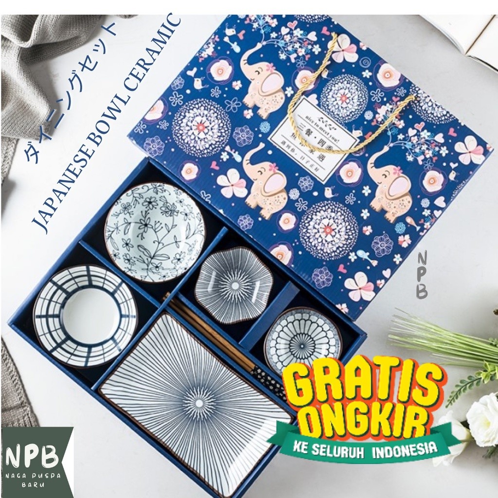 Japanese Bowl Ceramic Gift Set - Set Hampers Mangkuk Piring Keramik - Set Mangkuk Piring/ Biru Hijau