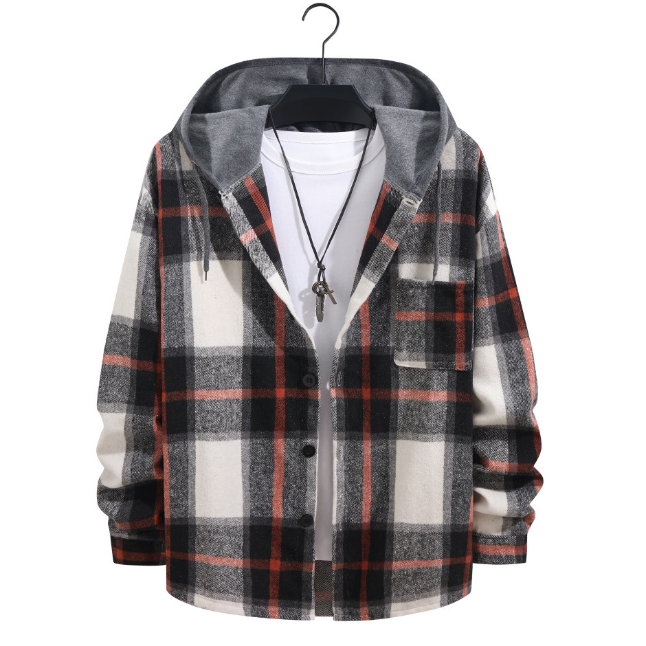[Saror]Jaket Kemeja Flanel Kotak-Kotak Berkerudung Kemeja kasual pria lengan panjang longgar