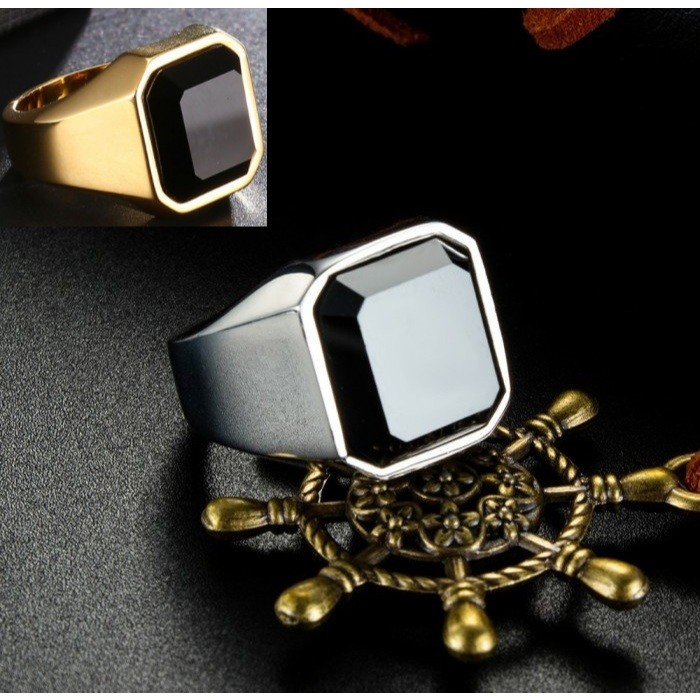 PROMO cincin BLACK ONYX akik batu casual not titanium pria wanita DESTRO KEREN Premium SQUARE KOTAK
