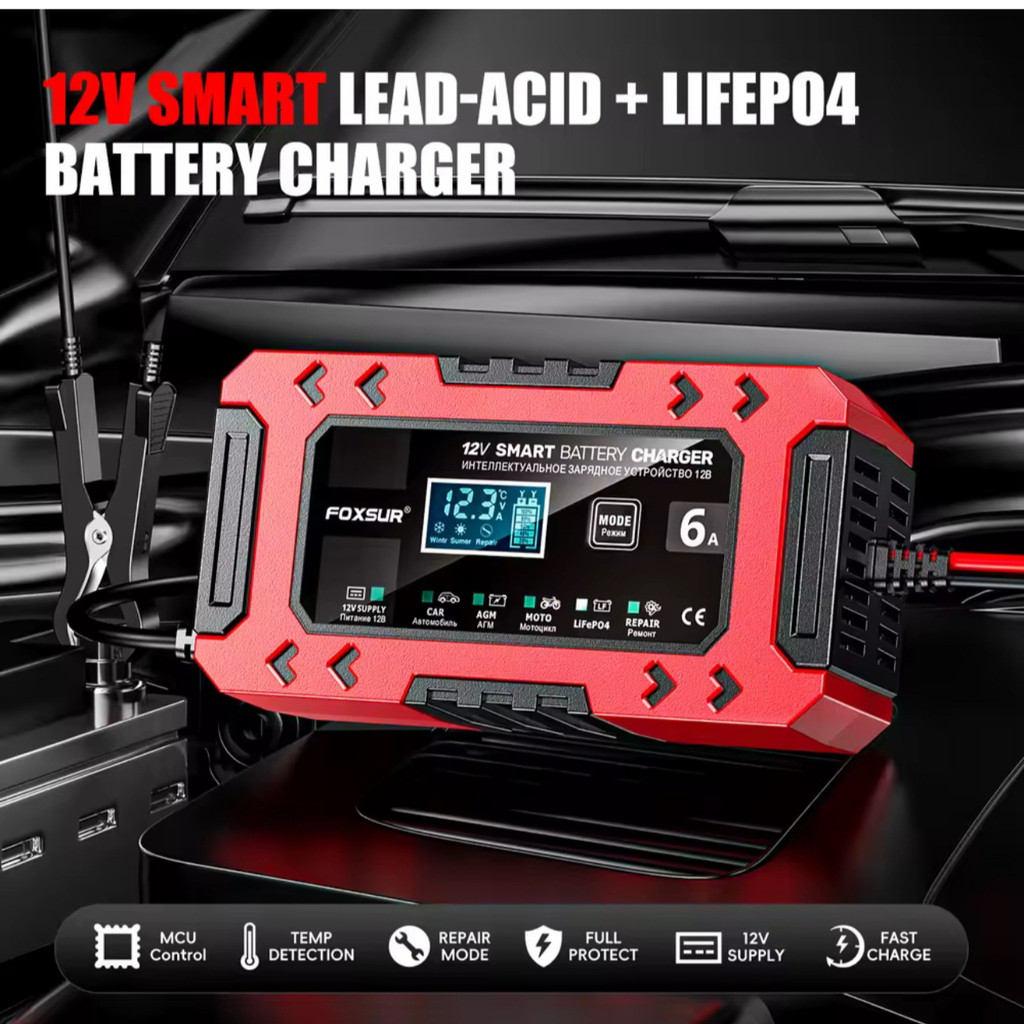 FOXSUR Charger Aki 12V 6A Smart Charger Otomatis 10 Tahap LCD AGM GEL WET LiFePO4 + Repair Mode dan 