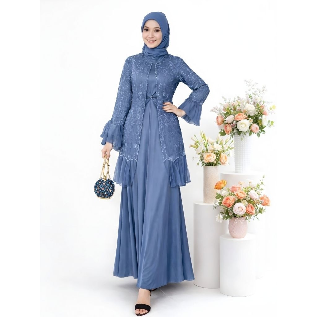 2IN1 Gamis Brukat Satin Velvet Wanita Maxy Wanita Anggun Luxury Cozy Pakaian Wanita Hari Raya Kondan