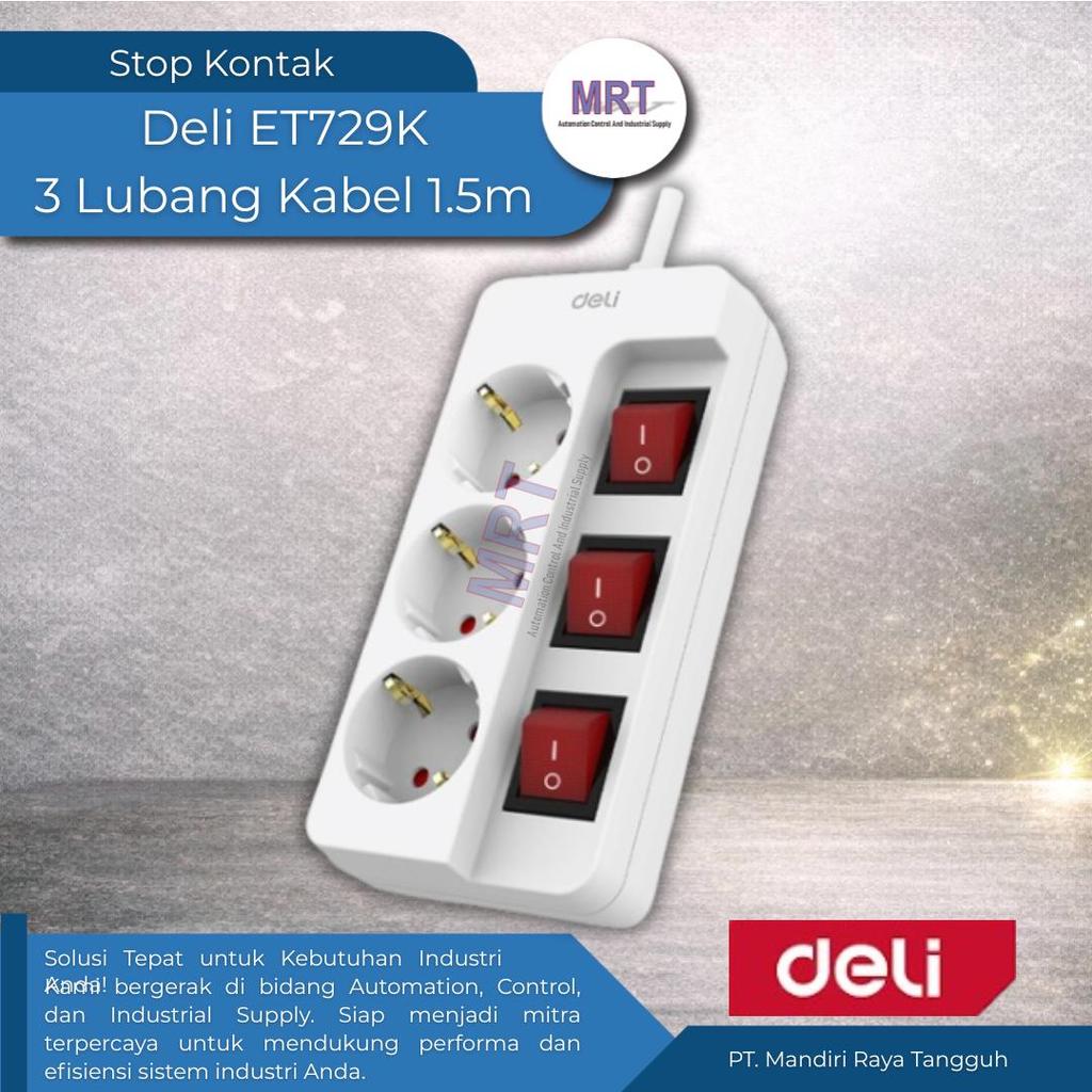 Stop Kontak 3 Lubang Multiple Switch Kabel Panjang 1.5 Meter DELI ET729K 2500W 250V 10A - Colokan Li