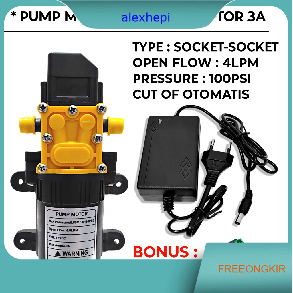 MESIN POMPA AIR DC 12V DAN ADAPTOR 12VOLT / DINAMO POMPA DC 100 PSI