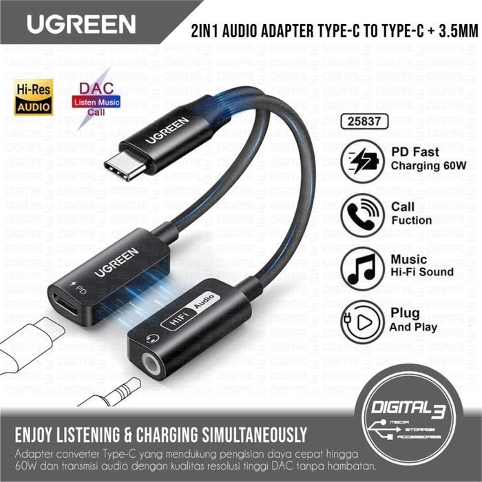 UGREEN CM721 2 in 1 Adapter Splitter Type-C to Type-C + Jack 3.5mm Converter Fast Charging PD 60W DA