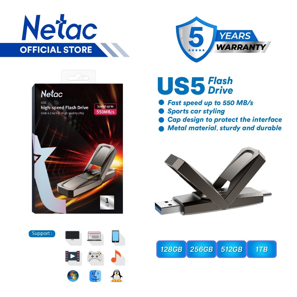 Netac OTG Flashdisk US5 / US9 USB 3.2 +  Type C Solid State Flash Drive 128GB/256GB/512GB/1TB Dual F