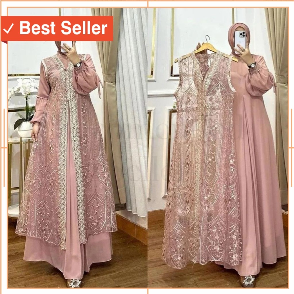 Gamis Brokat Naura Dress 2in1 Busui Wudhu Friendly Inner Ceruty Adem + Outer Brokat Premium Elleova 