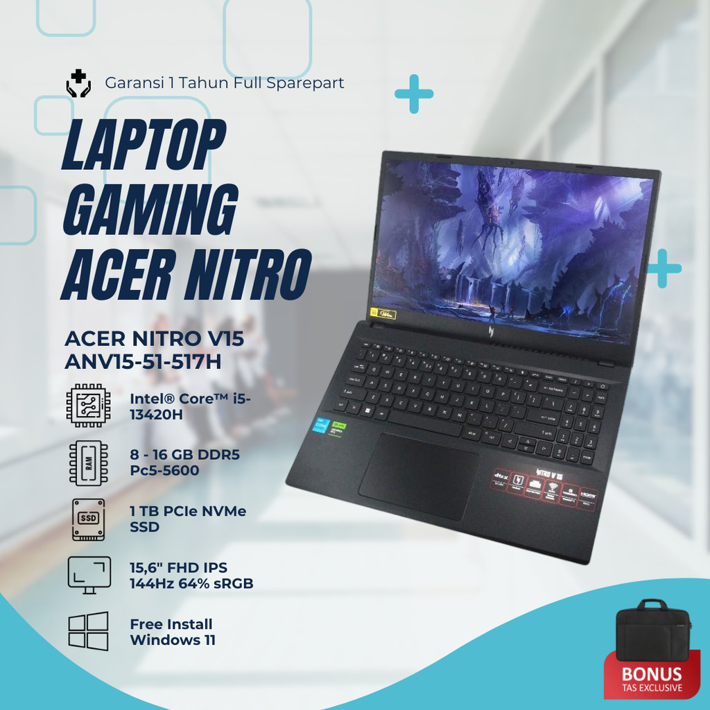 Laptop Gaming Acer Nitro V15 Intel Core i5 13420H 16GB DDR5 1TB RTX4050 Full HD IPS 144Hz Windows 11
