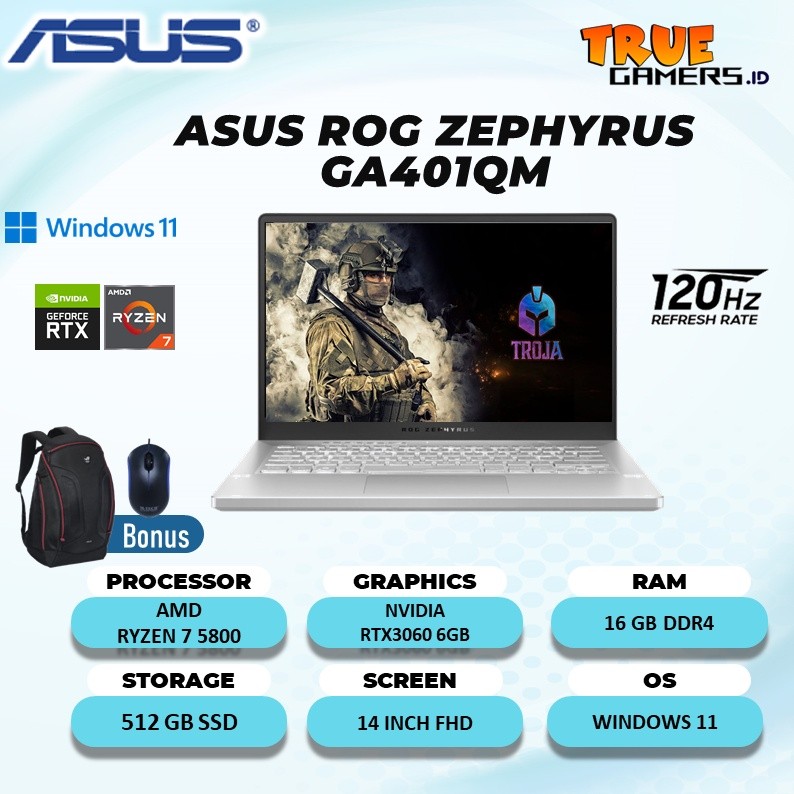 LAPTOP ASUS ASUS ROG ZEPHYRUS GA401QM RTX3060 6GB  RYZEN 7 5800 16GB 512SSD WIN11 14 INCH