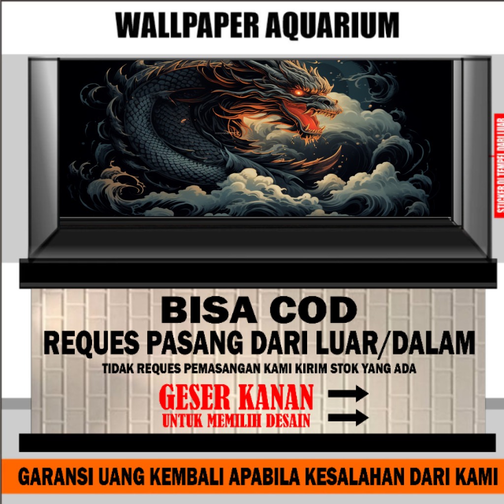 sticker aquarium, background aquarium 3d, wallpaper aquarium belakang 3d gambar naga dragon