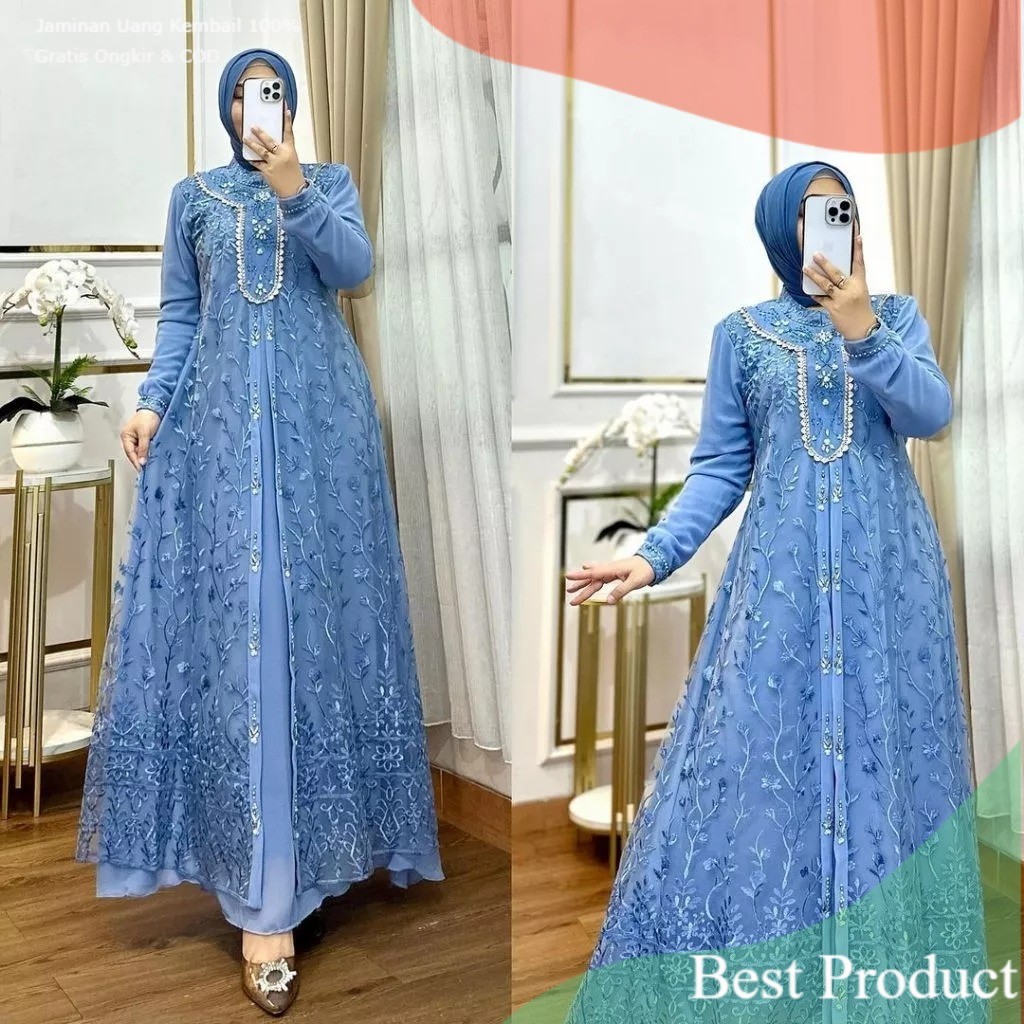 Gamis Wanita Terbaru Maudy Dress BO Bahan Ceruty Baby Doll Mix Brukat Size M L XL XXL 3XL Dress Pest