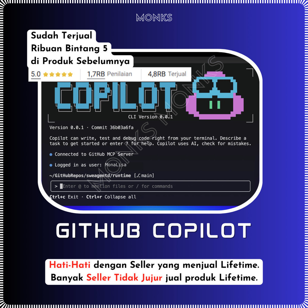 GitHub Copilot 1 Bulan Murah Bergaransi Premium Monks