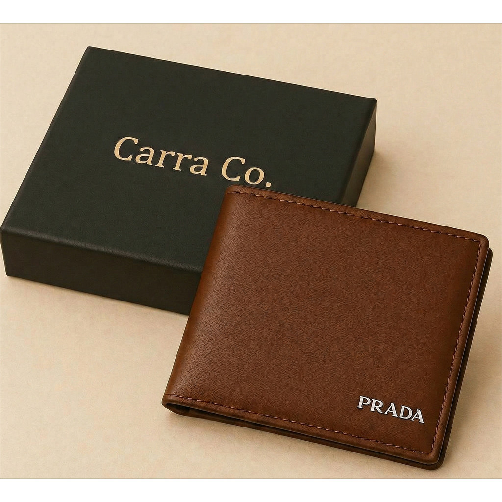 Dompet Kulit Pria Wanita Terbaru PRaDA Lipat Dua Murah Stylish Kekinian Htam & Coklat Free BOX