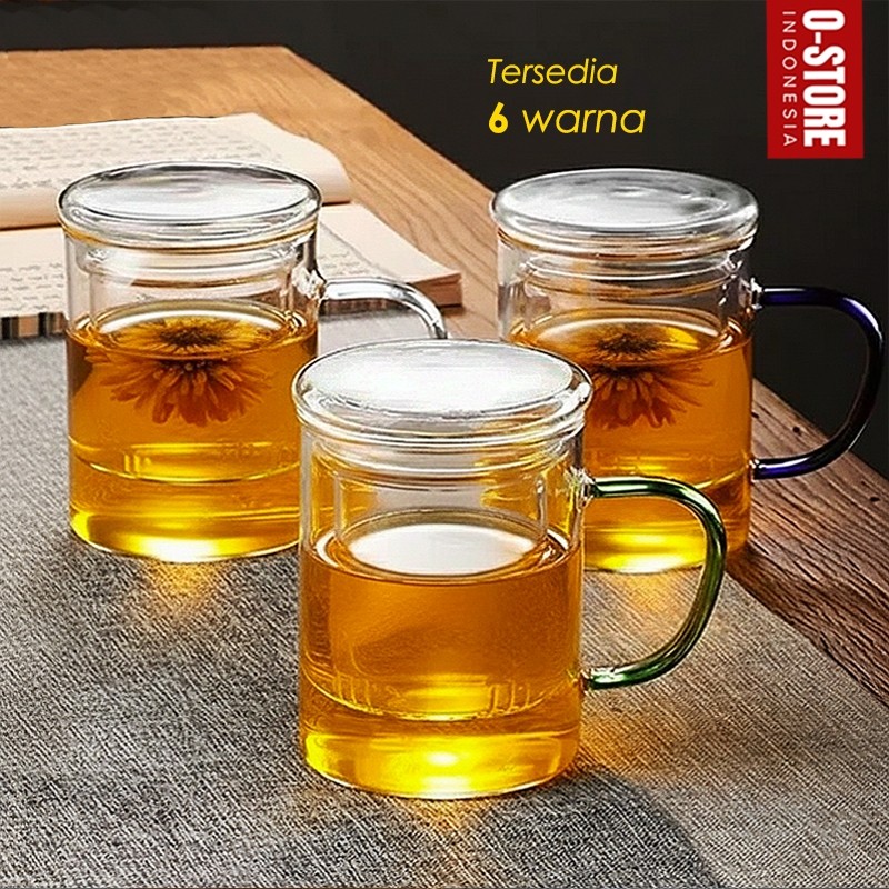 Gelas Infuser Rempah Tahan Panas Saringan Tutup Kaca Infuser Glass Tea Cup Set Gelas Minum Teh Yuki