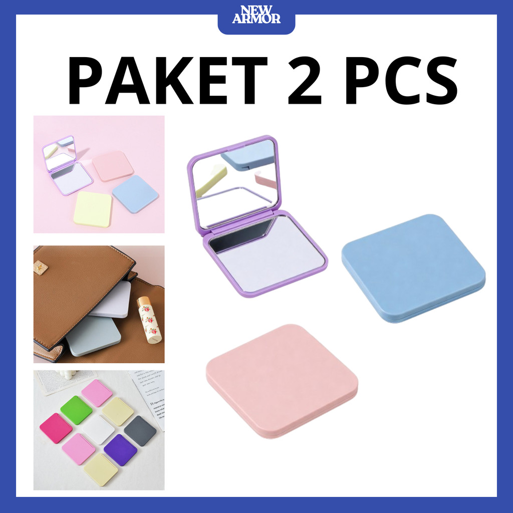 PAKET 2 PCS Compact Mirror Lipat Double Sided Kaca Mini Make Up Travel Friendly Desain Simple Polos 