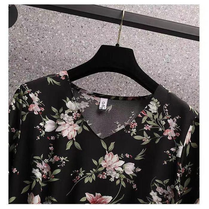 1005 Dress Korea Musim Panas Wanita Ukuran Besar Longgar Motif Bunga Hitam Putih Casual - Bunga puti