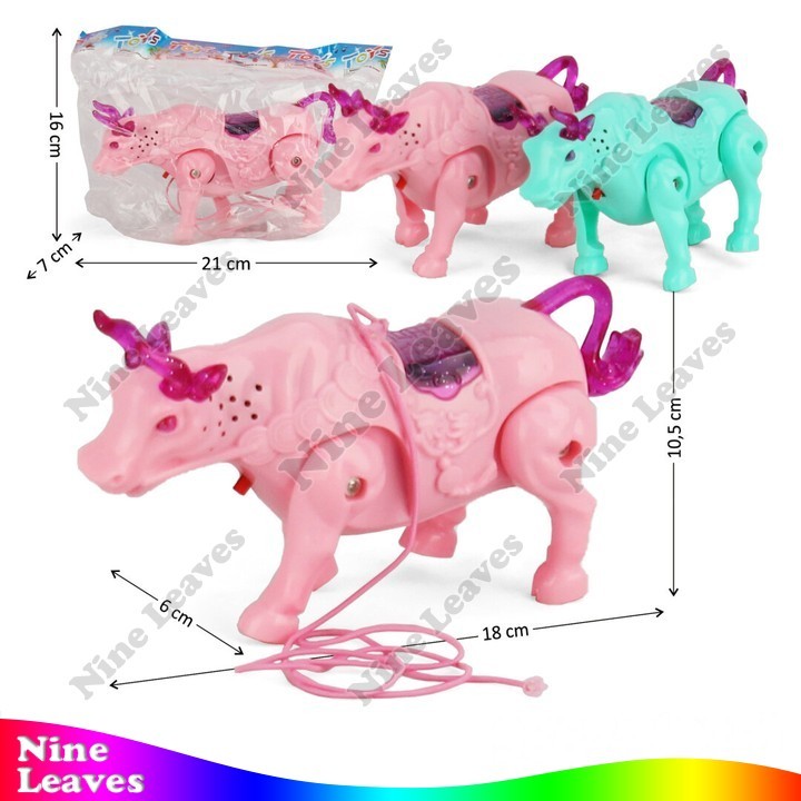 Mainan Hewan Banteng Baterai Jalan Suara Musik Lampu + Tali Toys