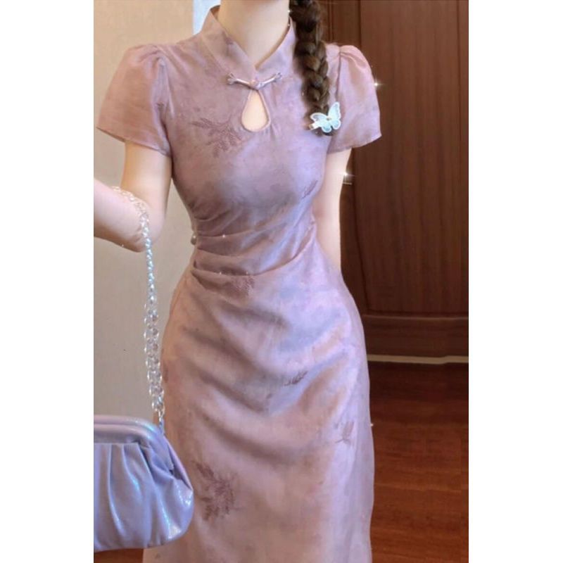 [JINXIU] Cetak ungu meningkatkan gaun cheongsam wanita baru elegan mewah baru gaya Cina gaun