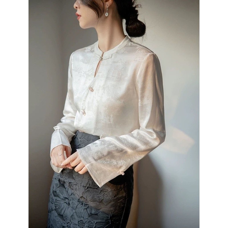 [JINXIU] Blus tradisional cina model baru blus medium baru kancing baju chiffon dan blus wanita
