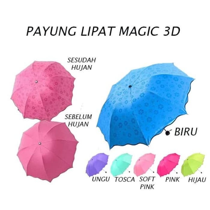 Payung Warna Polos 3D Payung Lipat Magic Umbrella / Dimensi Lapisan Hitam ANTI UV