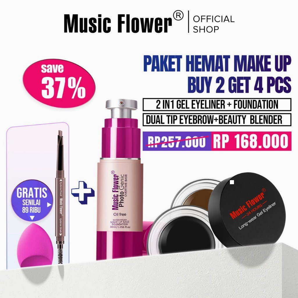 [BUNDLE] MUSIC FLOWER Paket Make Up Set Glow Photogenic Foundation + Eyebrow Eyeliner Gel - Paket Ri