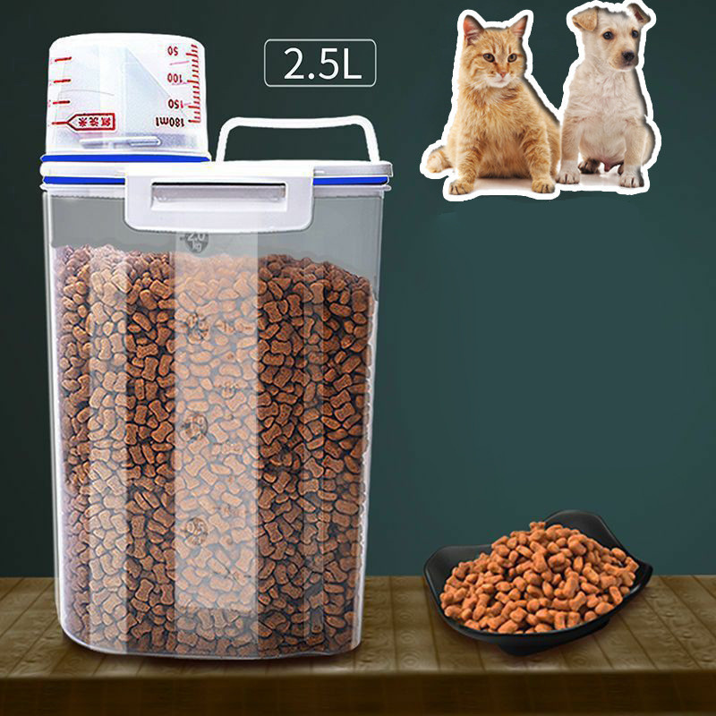1.5kg/2kg Dog Cat Food Pail Plastic Storage Tank With Measuring Cup Container Moisture-proof Rice Be