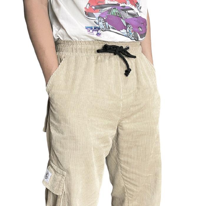 NGE | Celana Corduroy Ori Cargo Cream Coklat Hitam Army Bahan Katun Loose Fit Pinggang Karet Celana 
