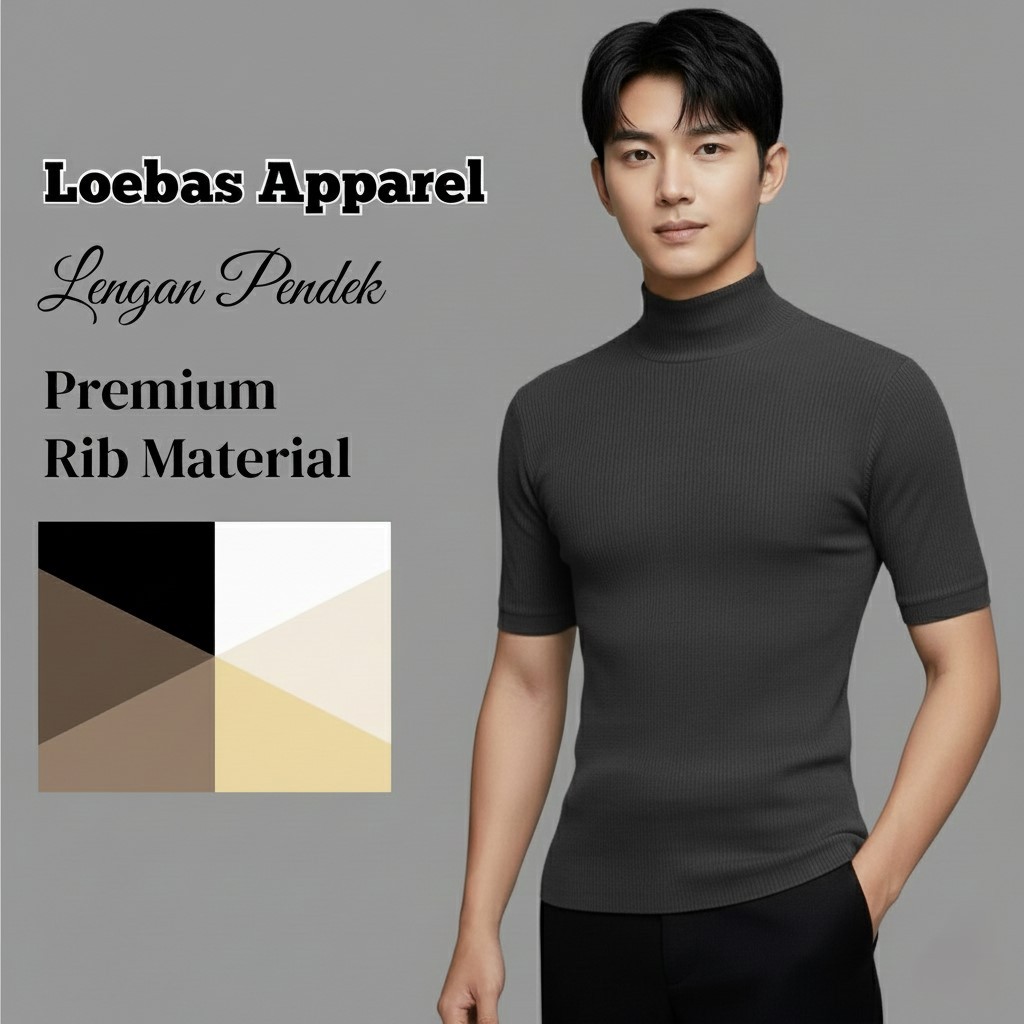 Baju Kaos Rajut Turtleneck Leher Tinggi Pria Polos Lengan Pendek