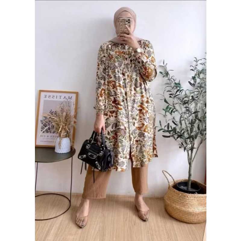 [[PROMO]]LONG TUNIK MOTIF BUNGA FUL KANCING DEPAN//ATASAN TUNIK JUMBO//TUNIKTERBARU / Tunik Wanita M