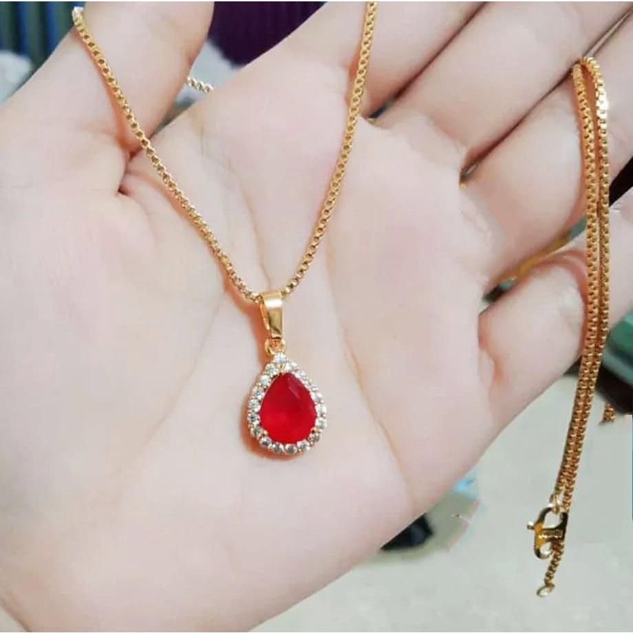 Kalung Liontin Batu Merah Gold Kalung Titanium Wanita Terlaris Perhiasan