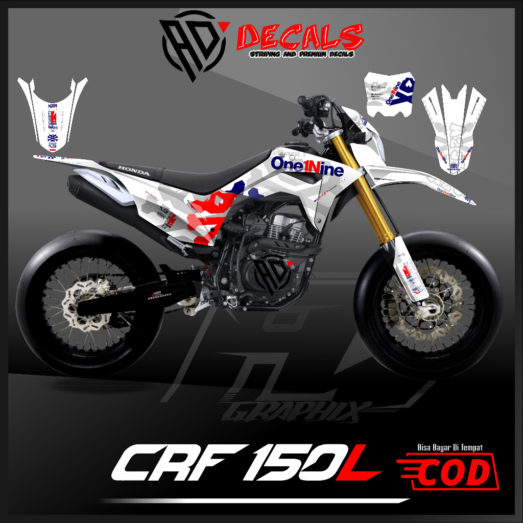 Decal Crf 150L, KLX, DTRACKER, WR155 Hitam Merah Putih design OneOneNine Full Body Superglossy Bebas