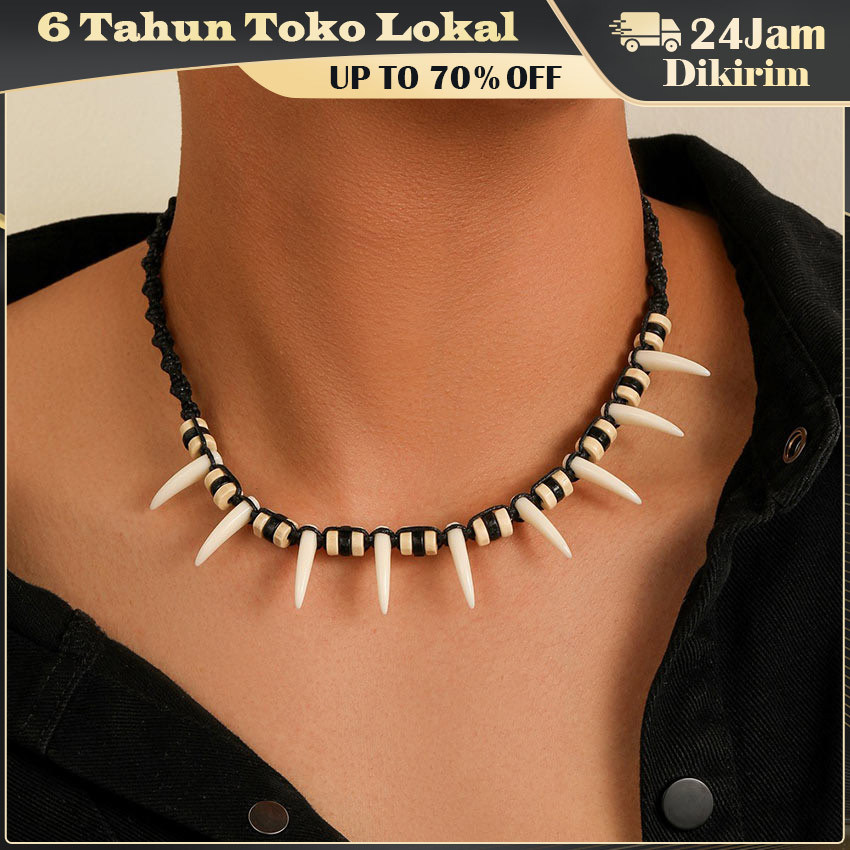 Kalung Taring Serigala Resin Hip Hop Punk / Aksesoris Cowok Retro Rantai Hitam Keren / Kalung Imitas