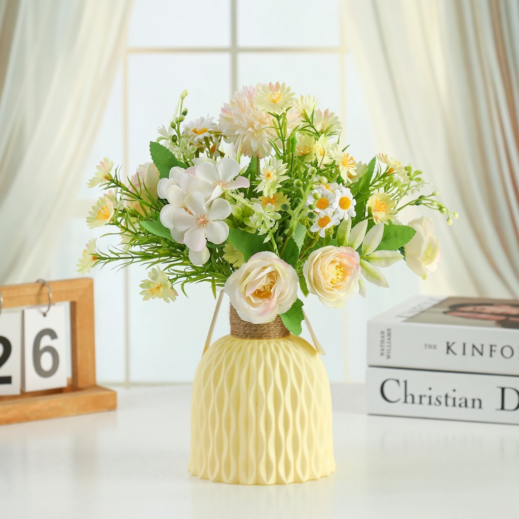 Set Bunga Tiruan Aesthetic Termasuk Vas Plastik Tangkai Panjang Dekor Rumah Murah Bunga Hias Plastik