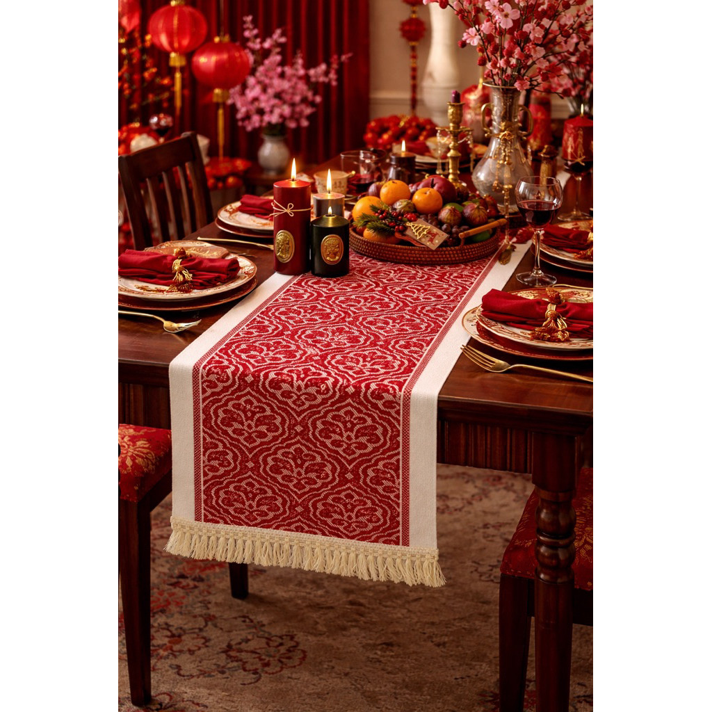 Table Runner Raya Merah | Taplak Meja Natal Estetik Alas Meja Makan & Dekorasi Ruang Tamu