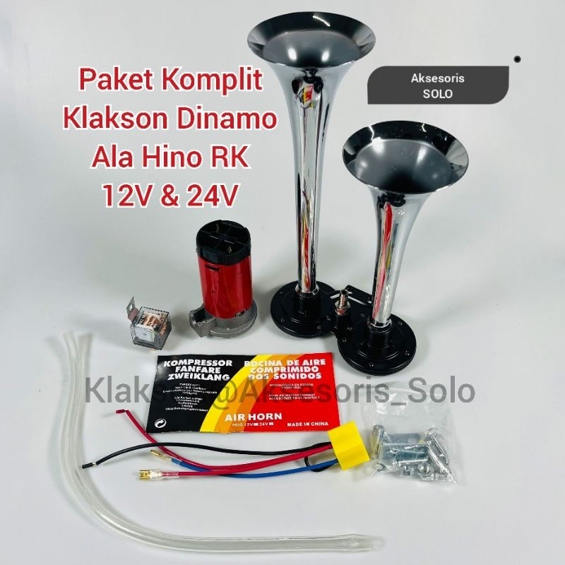 Paket Komplit Klakson Trompet 2 Corong Ala Hino RK 12V & 24V Tanpa Tabung Angin