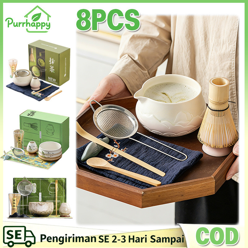 Purrhappy 8PCS Matcha Set Gift Box Tools Set Set Matcha Jepang Premium Ceramic Mangkuk Matcha Japane