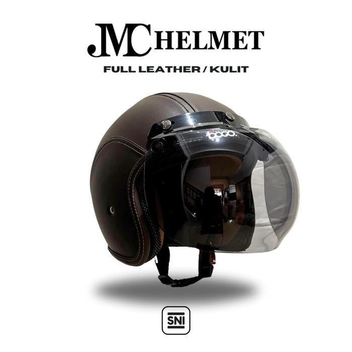 READY Helm Bogo Retro Dewasa Full Leather/ Kulit Cokelat Tua Menyeluruh With Kaca Bogo Original SNI 