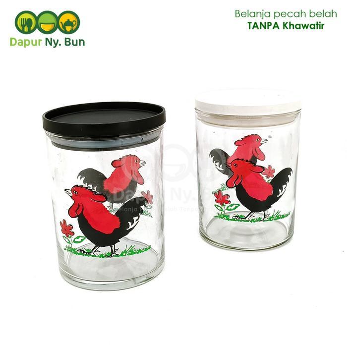 Toples Kaca + Tutup Plastik Motif Ayam Jago JADUL Ukuran 650ml - Ayam Jago Jadul