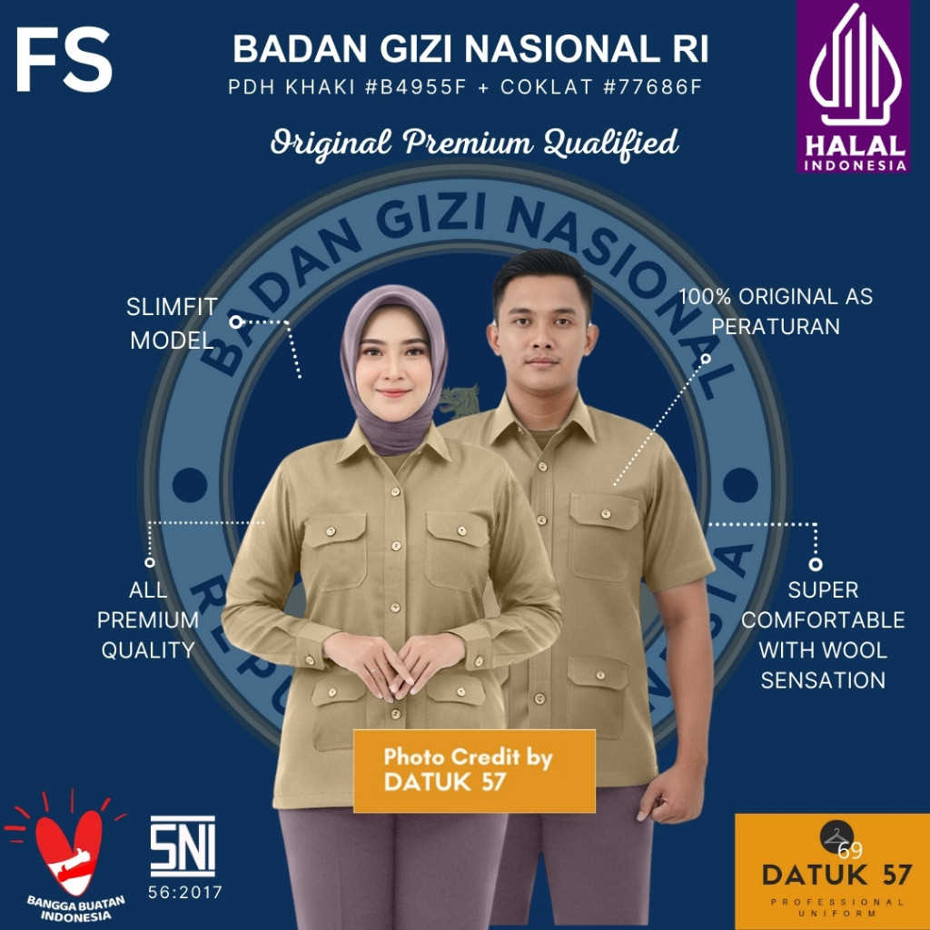 [FULL SET] Datuk 57 Premium : Seragam Atasan PDH Bawahan Celana Badan Gizi Nasional BGN SPPG MBG Kha